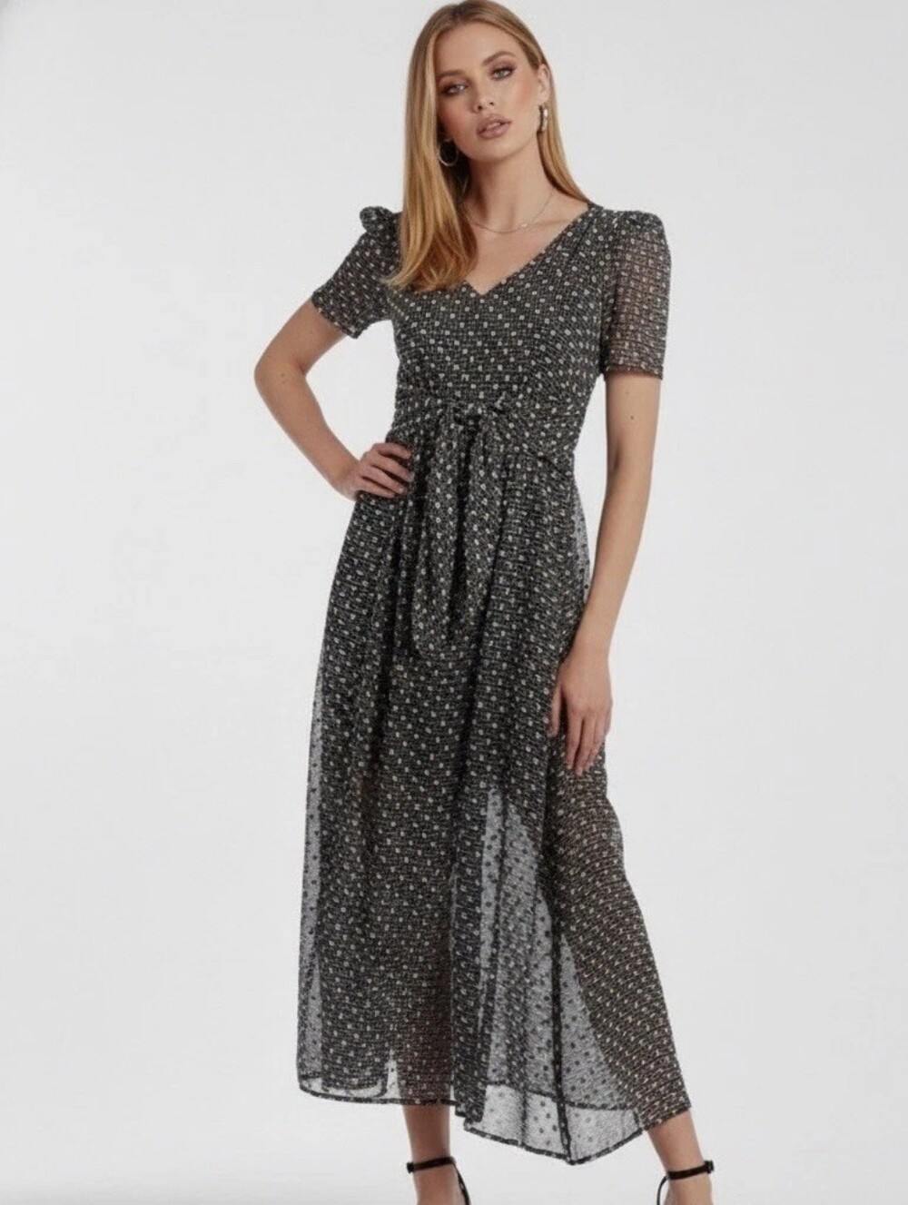 Calvin Klein Black Printed Maxi Dress with Tie Waist